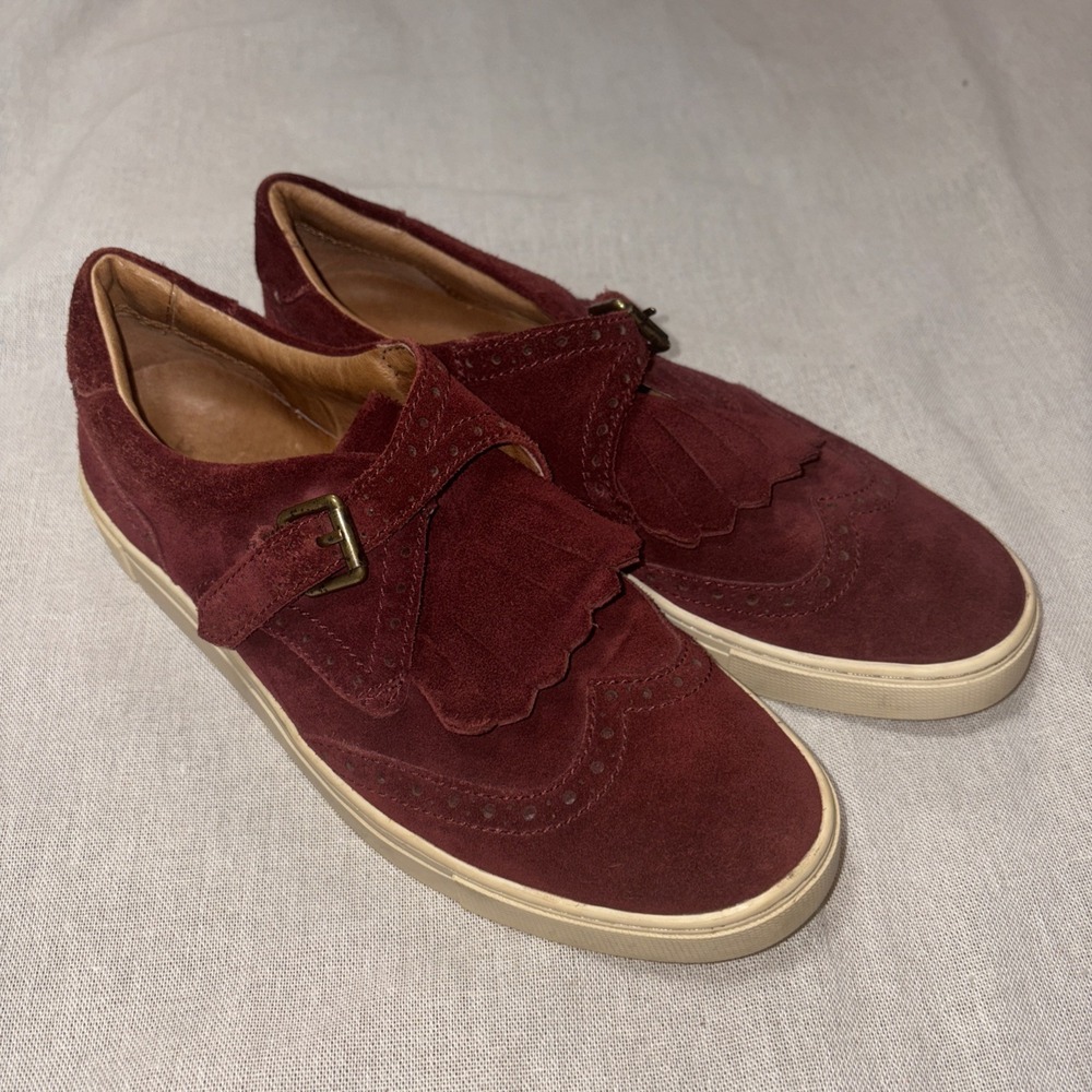 Frye Women Sz 7 Bordeaux Gemma Kiltie oiled suede leather lip-on buckle‎ Sneaker